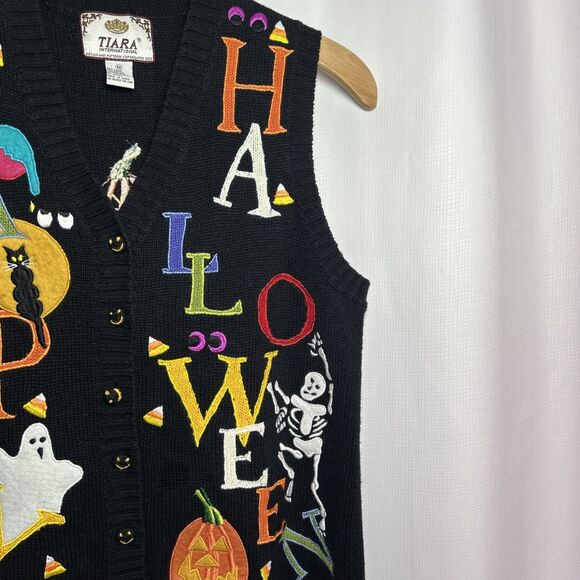 Tiara International Halloween Sweater Vest Size Medium Embroidered Pumpkin Ghost - Picture 3 of 12